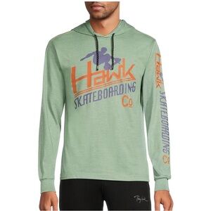 Tony Hawk Mens Long Sleeved Hooded Graphic Print Tee Skateboarding Green‎ Medium
